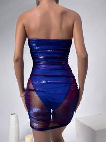 SHEIN SXY 褶邊網紗抹胸緊身連衣裙 - 紫色 - 查看 2