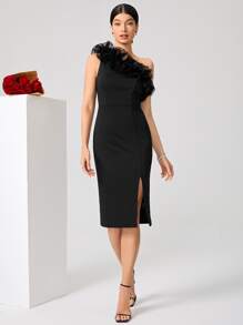 SHEIN Belle 單肩荷葉邊高衩連衣裙 - 黑色 - 查看 4