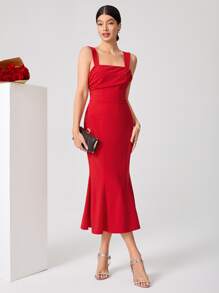 SHEIN Belle Solid Ruched Bust Mermaid Hem Dress - Red - View 5