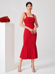 SHEIN Belle Solid Ruched Bust Mermaid Hem Dress - Red - View 6