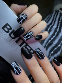 用24入組短方形幾何印花假指甲和1入組指甲銼和1張膠帶升級您造型 - 彩色 - 查看 1