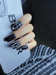 用24入組短方形幾何印花假指甲和1入組指甲銼和1張膠帶升級您造型 - 彩色 - 查看 2