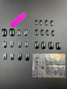 用24入組短方形幾何印花假指甲和1入組指甲銼和1張膠帶升級您造型 - 彩色 - 查看 4