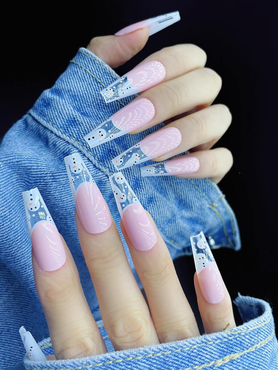 24pcs Long Coffin Snowman Pattern Fake Nail & 1pc Nail File & 1sheet Tape - Multicolor - View 1