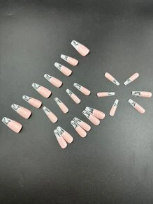 24pcs Long Coffin Snowman Pattern Fake Nail & 1pc Nail File & 1sheet Tape - Multicolor - View 4