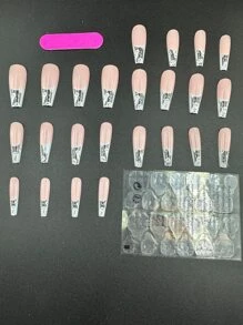 24pcs Long Coffin Snowman Pattern Fake Nail & 1pc Nail File & 1sheet Tape - Multicolor - View 5