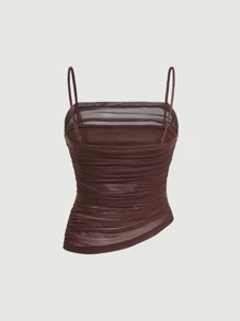 SHEIN MOD Top de tirantes en malla con fruncidos y bajo asimétrico en color liso - Marrón Chocolate - Ver 2