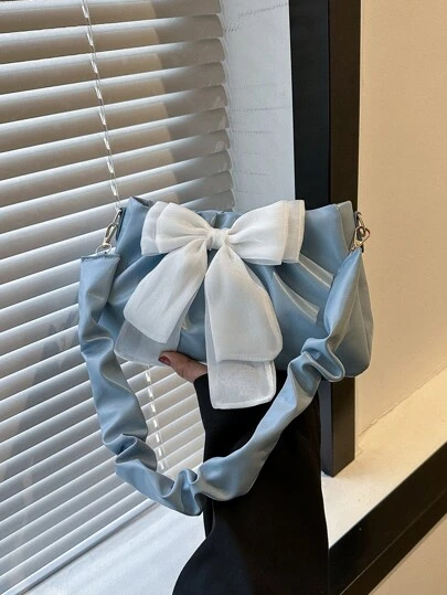 Cute, Kawaii Moire Bow Decor Ruched Bag, For Women, Rookies & White-Collar Workers, For Girl, Teen Girls, For Lady For Business/Commute/Work/Office, For Festivals/Vacation/Holiday, Gift Bag, Perfect Valentine's Day Gift For Her, Bow Purse For Women, Best Valentine's Gift Choice Ever Valentines