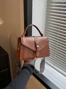 搭扣裝飾翻蓋方包 - 棕色 - 查看 1