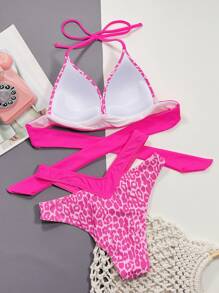 豹纹比基尼套装吊带聚拢文胸和镂空比基尼泳裤 2 件套比基尼夏季海滩 - 玫紅色 - 查看 2