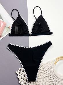 SHEIN Swim Summer Beach Whip Stitch Triangle Bikini Set - Black - View 2