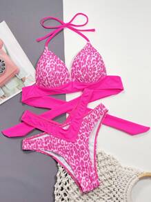 豹纹比基尼套装吊带聚拢文胸和镂空比基尼泳裤 2 件套比基尼夏季海滩 - 玫紅色 - 查看 4