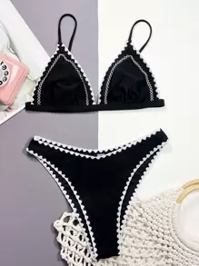 SHEIN Swim Summer Beach Whip Stitch Triangle Bikini Set - Black - View 4