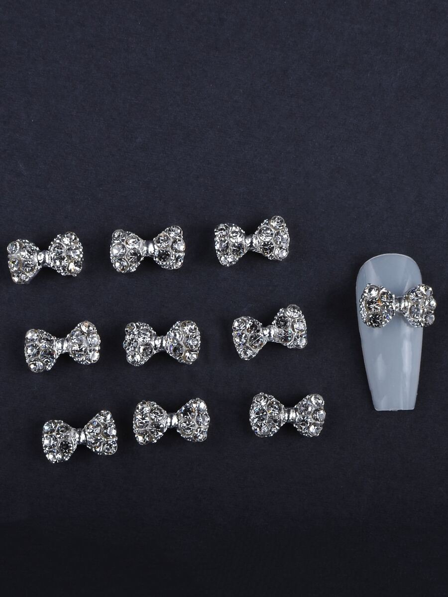 10件装合金简约可爱韩版3D蝴蝶结美甲装饰，女士美甲饰品，DIY手机壳装饰，日常/节日/通勤美甲用品，美甲饰品，美甲宝石，美甲水钻 - 銀色 - 查看 1