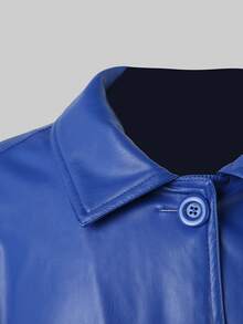 Faux Leather Drop Shoulder Button Up Longline Coat - Royal Blue - View 6