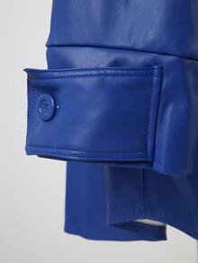 Faux Leather Drop Shoulder Button Up Longline Coat - Royal Blue - View 7