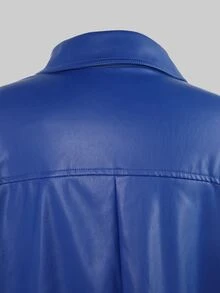 Faux Leather Drop Shoulder Button Up Longline Coat - Royal Blue - View 8