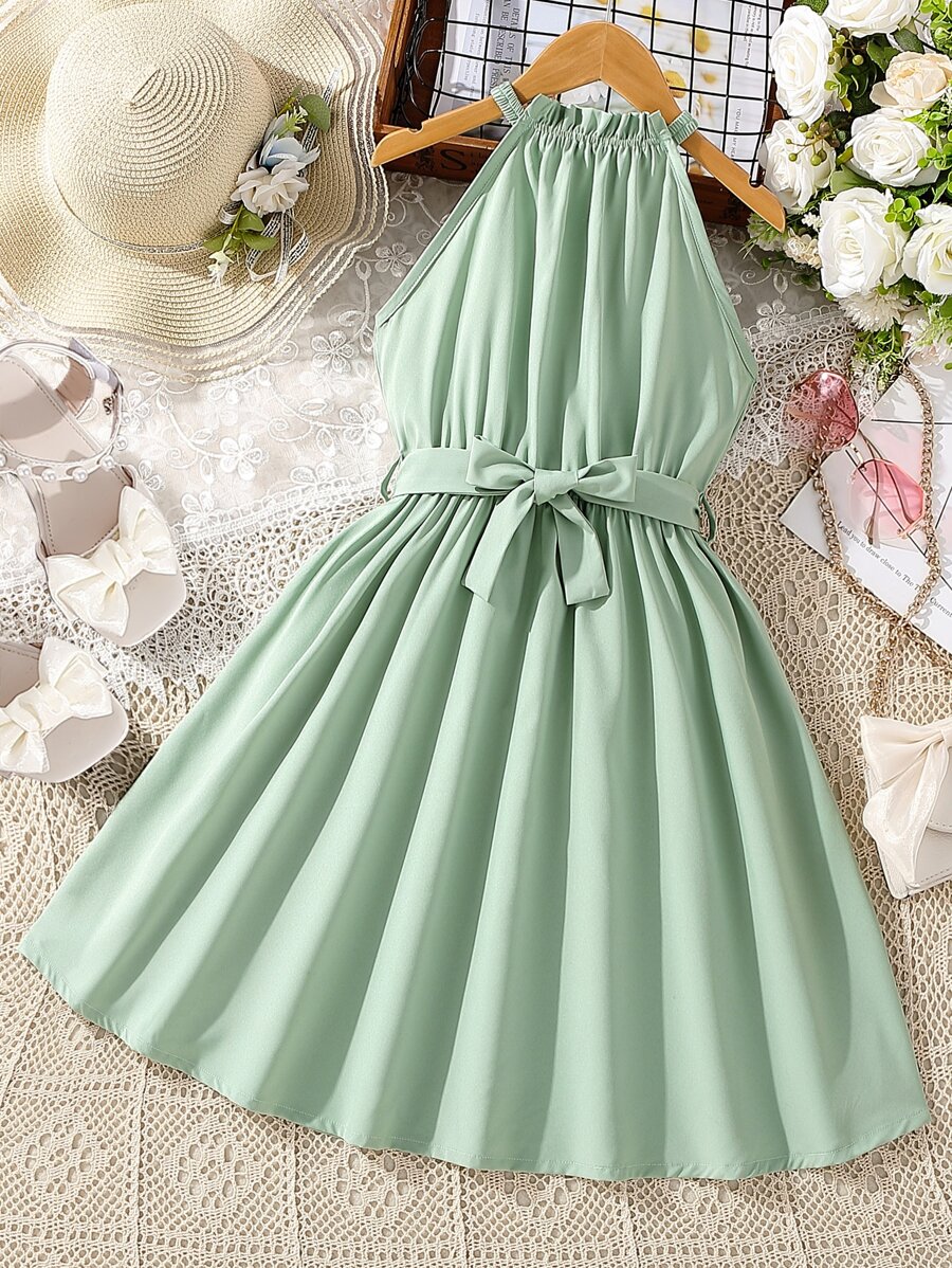 Girls Solid Frill Trim Halter Dress - Mint Green - View 1