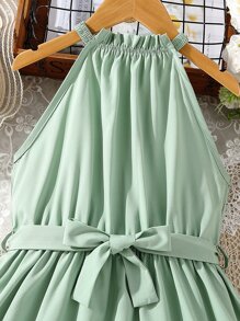 Girls Solid Frill Trim Halter Dress - Mint Green - View 3