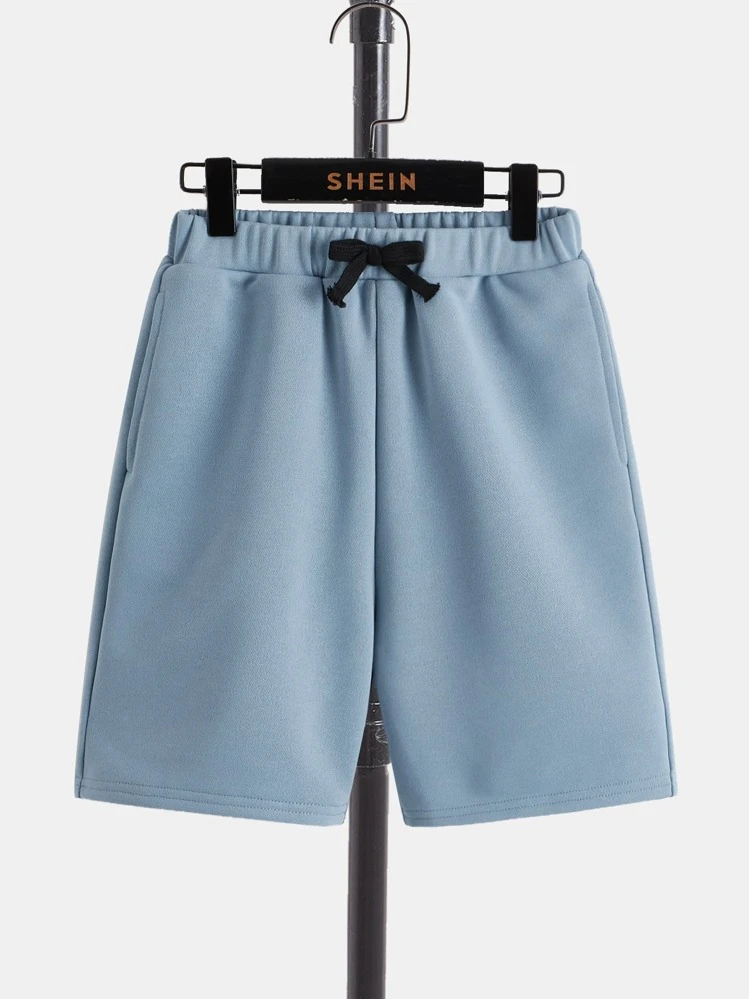 SHEIN Boys Slogan & Palm Tree Print Tee & Drawstring Waist Shorts - Dusty Blue - View 3