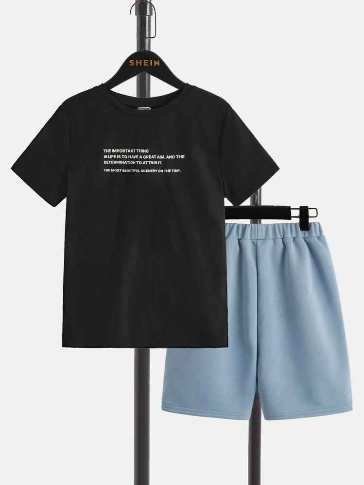 SHEIN Boys Slogan & Palm Tree Print Tee & Drawstring Waist Shorts - Dusty Blue - View 11
