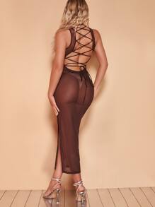 SHEIN BAE Rhinestone Detail Split Thigh Mesh Dress Without Lingerie Set - Chocolate Brown - View 2