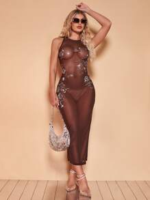 SHEIN BAE Rhinestone Detail Split Thigh Mesh Dress Without Lingerie Set - Chocolate Brown - View 3