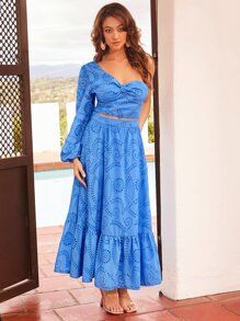 SHEIN VCAY One Shoulder Ruched Front Lantern Sleeve Schiffy Crop Top - Blue - View 4