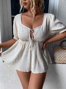 Calvaya 大碼前繫帶泡泡袖荷葉邊下擺襯衫 - 杏色 - 查看 6