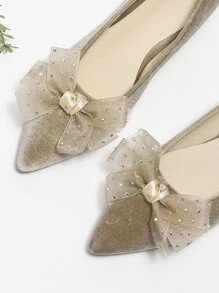 Fashion Brown Ballet Shoes Women Rhinestone & Bow Decor Point Toe Velvet Flats - Brown - View 3