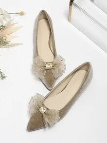 Fashion Brown Ballet Shoes Women Rhinestone & Bow Decor Point Toe Velvet Flats - Brown - View 4