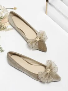 Fashion Brown Ballet Shoes Women Rhinestone & Bow Decor Point Toe Velvet Flats - Brown - View 1