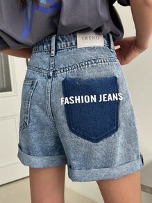 DAZY 字母图案牛仔短裤 - 中等水洗藍 - 查看 1