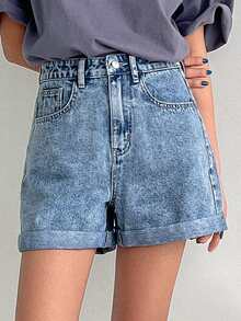 DAZY 字母图案牛仔短裤 - 中等水洗藍 - 查看 2