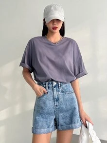 DAZY 字母图案牛仔短裤 - 中等水洗藍 - 查看 3