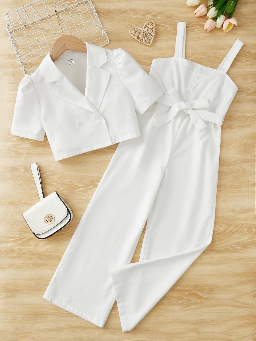 女孩泡泡袖西裝領襯衫和吊帶連體褲