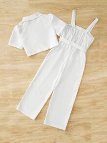 女孩泡泡袖西裝領襯衫和吊帶連體褲