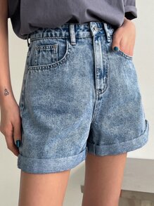 DAZY 字母图案牛仔短裤 - 中等水洗藍 - 查看 6