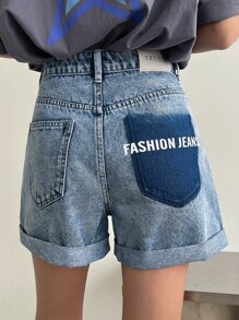 DAZY 字母图案牛仔短裤 - 中等水洗藍 - 查看 7