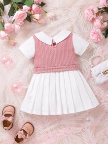 嬰兒雙色百褶下擺假兩件連衣裙 - 彩色 - 查看 2