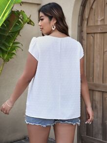 Calvaya Plus Swiss Dot Puff Sleeve Keyhole Neckline Plicated Detail Blouse - White - View 2