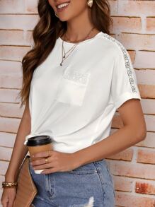 SHEIN LUNE Contrast Lace Pocket Patched Tee - White - View 1