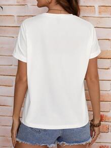 SHEIN LUNE Contrast Lace Pocket Patched Tee - White - View 2