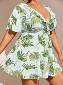 Tankini de planta con estampado, ribete con volantes, talla grande para la playa de verano - Verde Lima - Ver 1