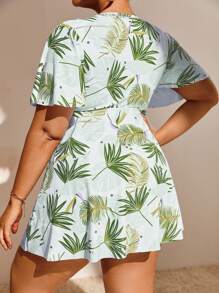 Tankini de planta con estampado, ribete con volantes, talla grande para la playa de verano - Verde Lima - Ver 2