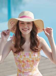 LEAJOURNO. 1pc Women's Sun Hat With Wide Brim, Korean Style, Beach Vacation Essential, Net Celebrity Style, Fresh And Versatile - Khaki - View 11