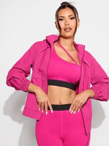 VARSITIE Zip Up Hooded Sports Jacket - Hot Pink - View 3