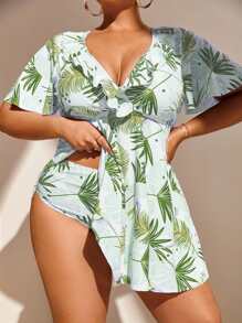 Tankini de planta con estampado, ribete con volantes, talla grande para la playa de verano - Verde Lima - Ver 3