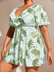 Tankini de planta con estampado, ribete con volantes, talla grande para la playa de verano - Verde Lima - Ver 4