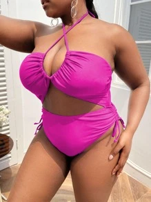 SHEIN Swim Curve Plus Drawstring Side Cut Out Crisscross Halter One Piece Swimsuit - Hot Pink - View 3